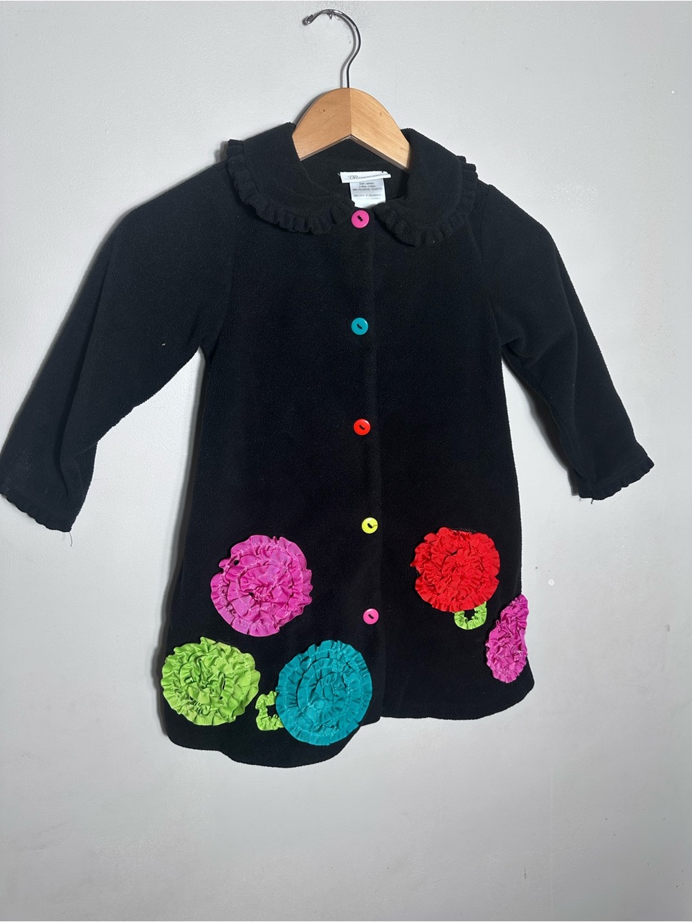 Y2K Bonnie Jean Black Pea Coat with Multicolor Flower Appliques